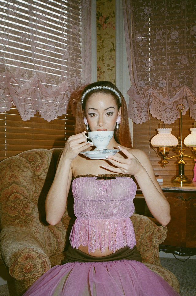 Louise Ruched Lace Top Pink