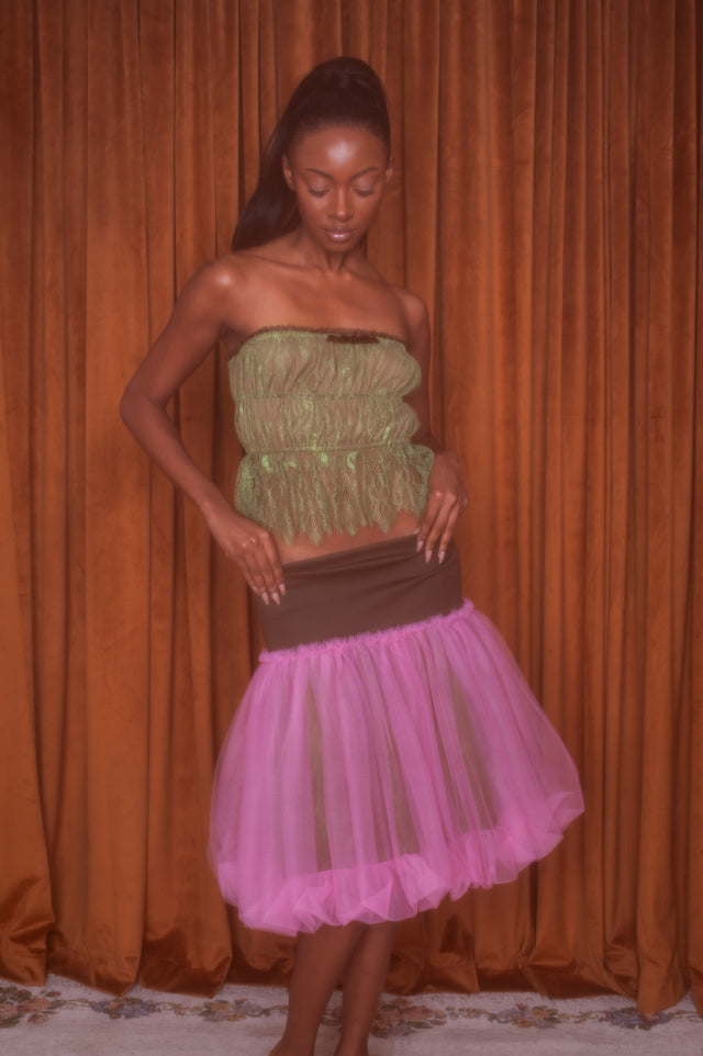 Louise Ruched Lace Top Green