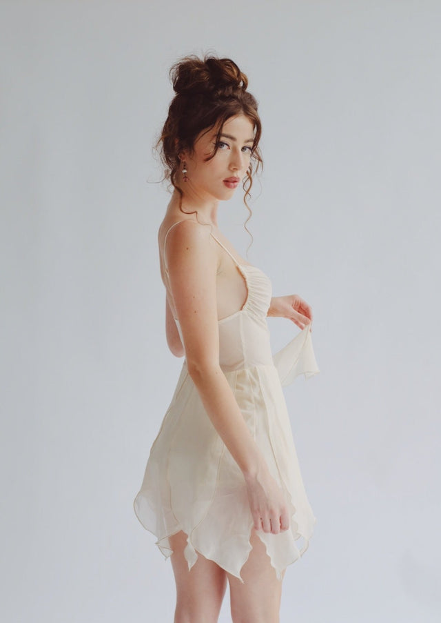 Ivory Petals Silk Chiffon Mini Dress