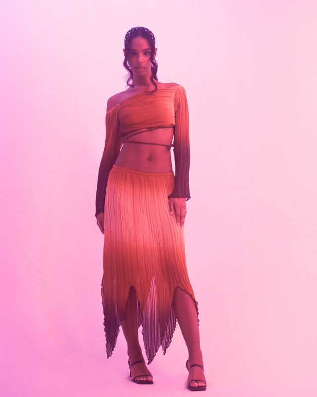 Pixie Pleated Ombré Low Rise Midi Skirt