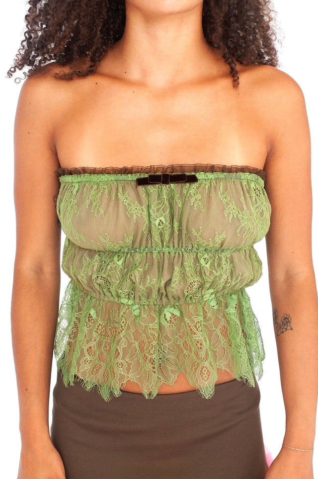 Louise Ruched Lace Top Green