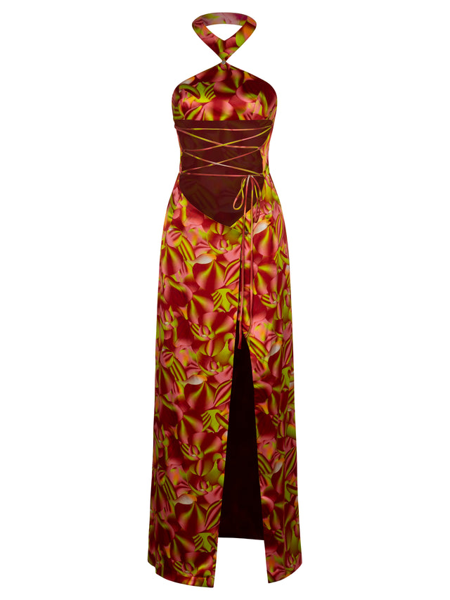 Red Botanic Silk Charmeuse Maxi Dress