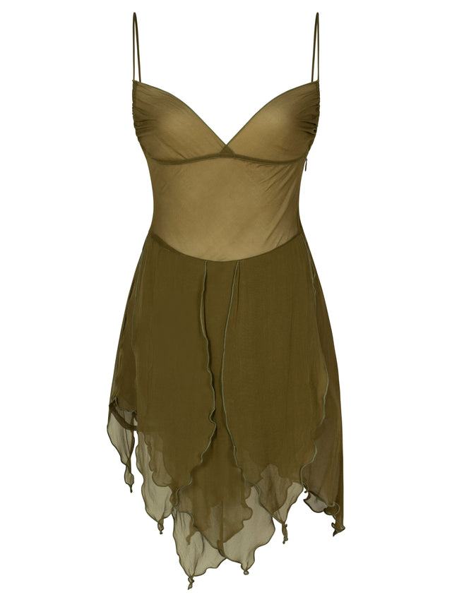 Olive Green Petals Silk Chiffon Mini Dress