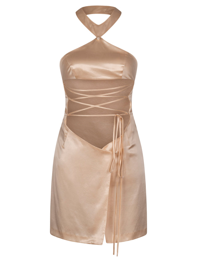 Champagne Botanic Silk Charmeuse Mini Dress