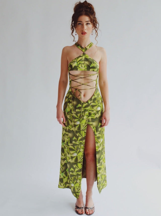 Green Botanic Silk Charmeuse Maxi Dress
